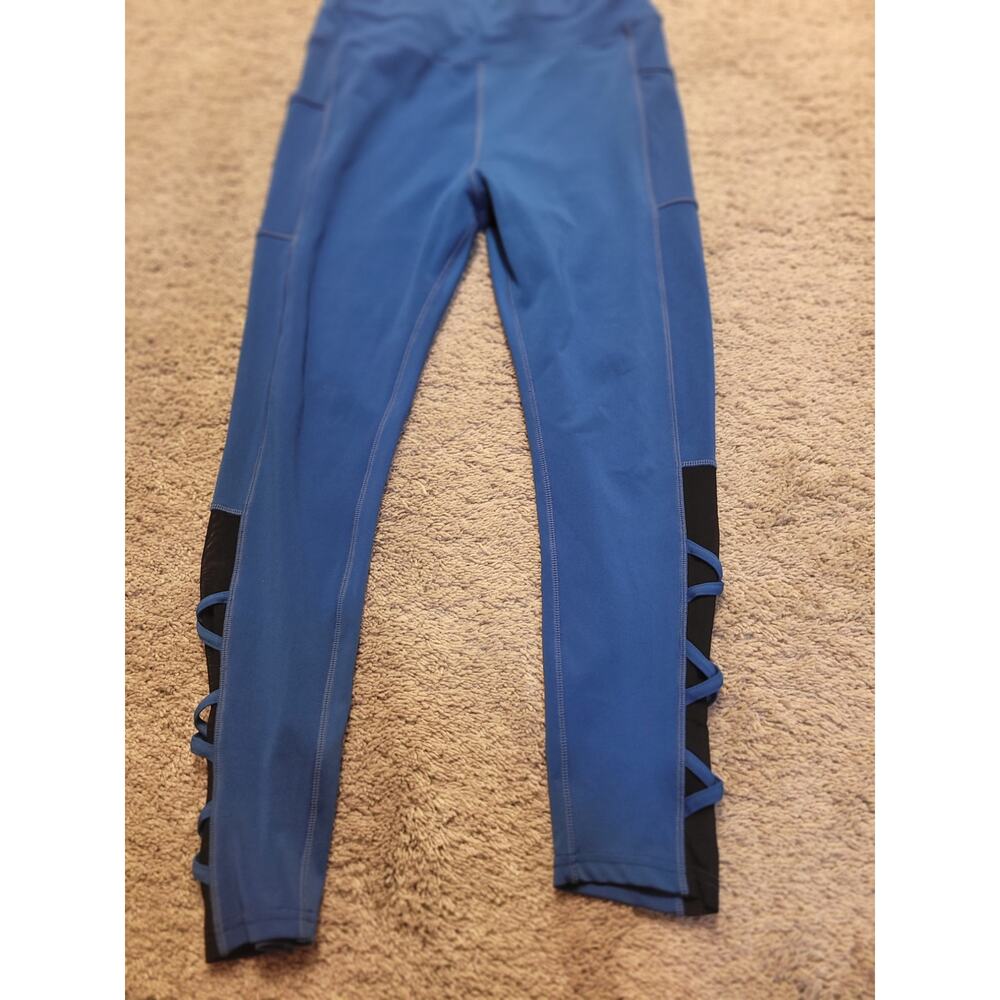 Pop Fit Women’s XL Blue High Waisted Leggings Strappy Side Workout Athletic Pant